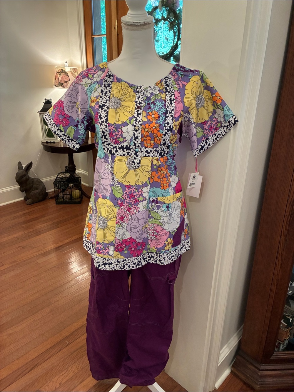 Koi by Kathy Peterson Scrub Set with Floral Top and Deep Purple Pants